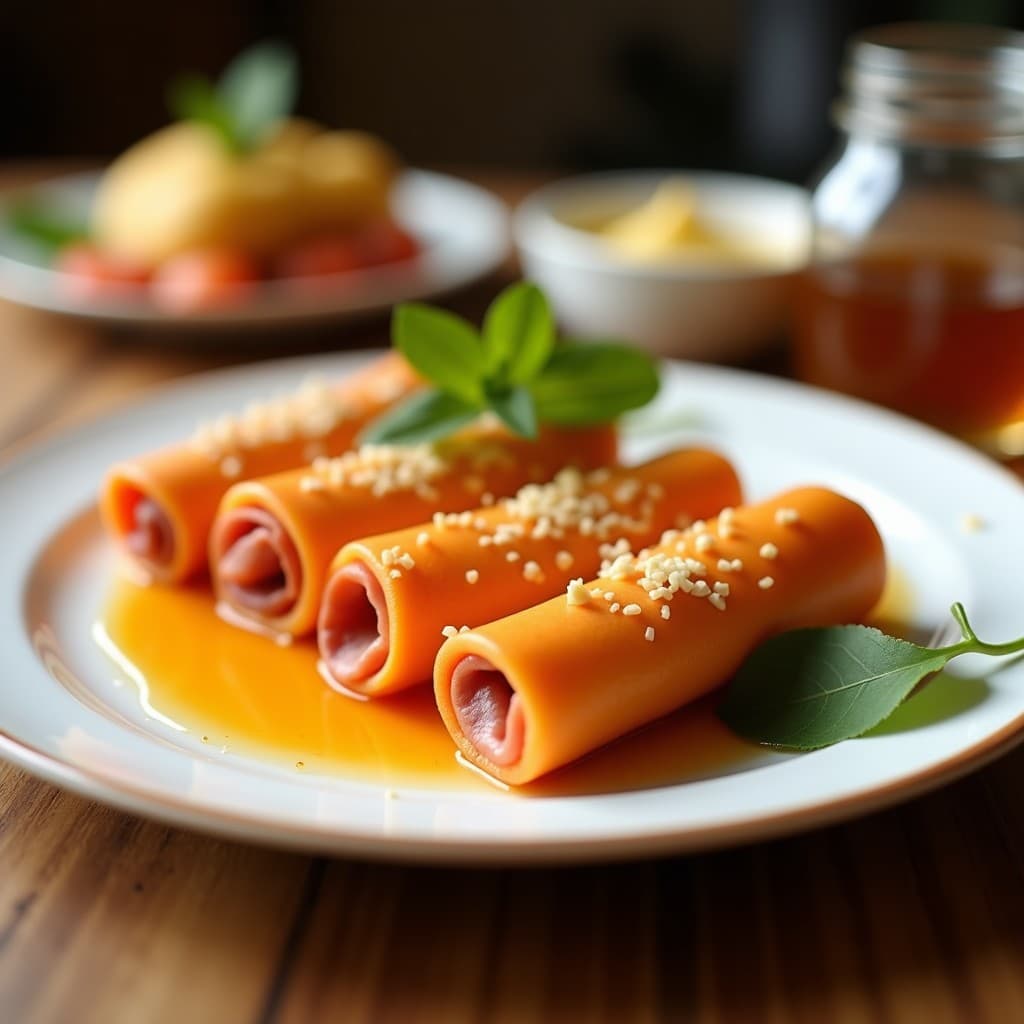 Rollos de Lechoza y Jamón Serrano con Salsa de Mostaza y Miel: Entrante Español en 10 Minutos