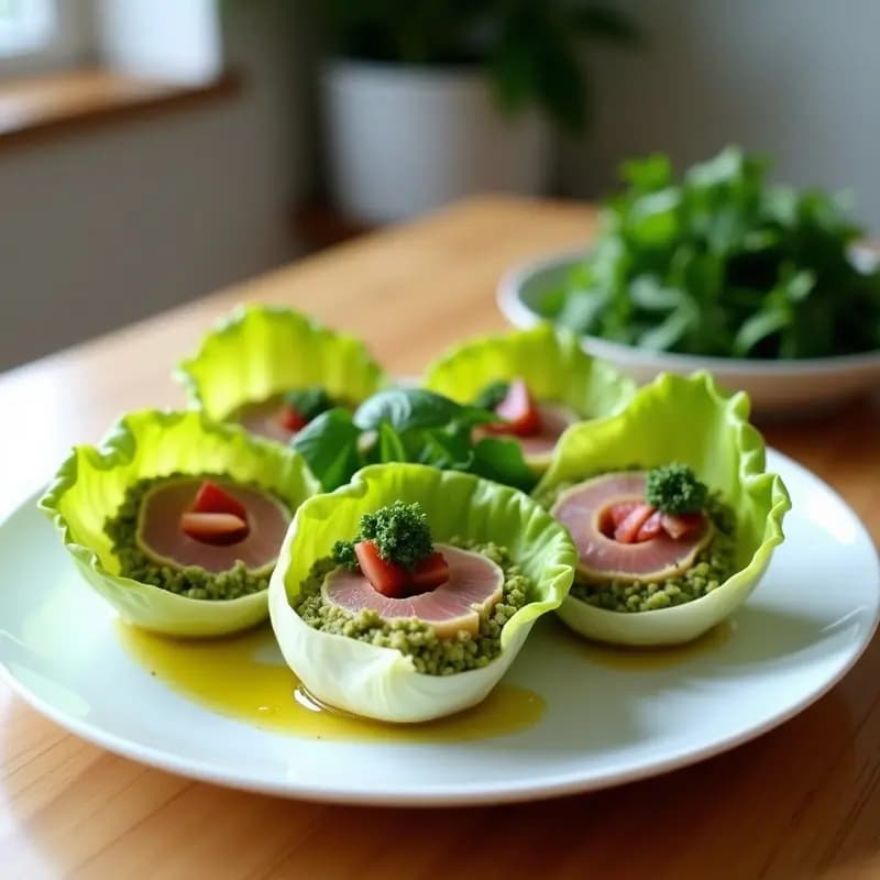 Rollos de Lechuga con Atún Ahumado y Pesto de Rúcula: Entrante Keto Sin Cocinar en 10 Minutos
