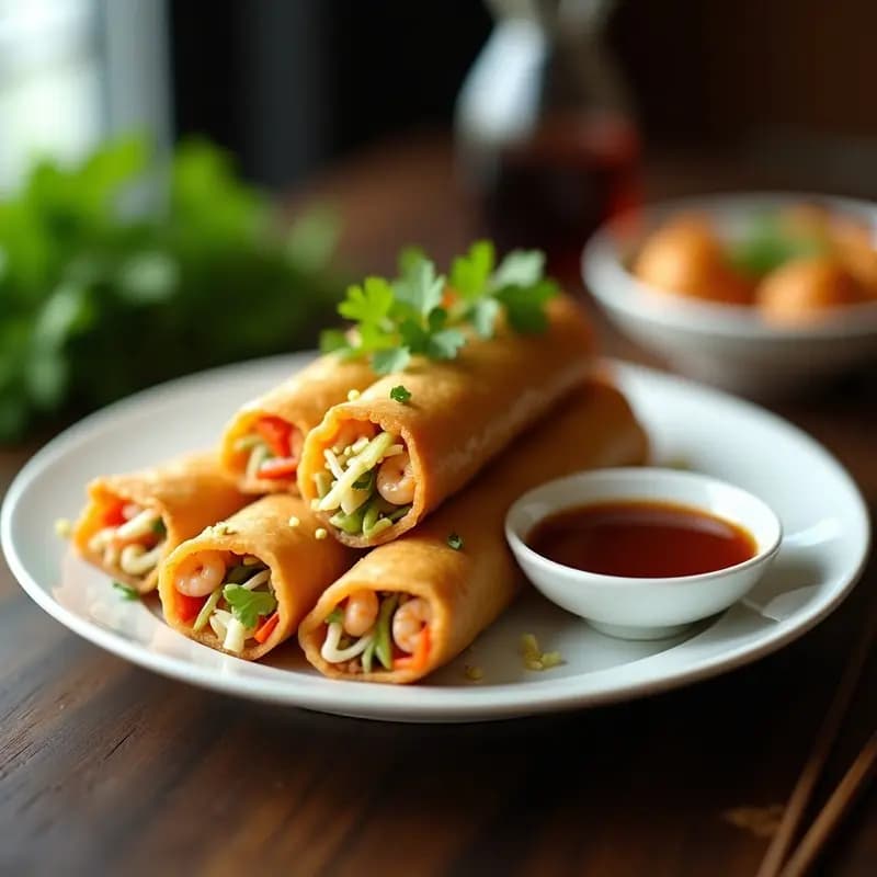 Rollos de Primavera con Camarones y Salsa Hoisin: Aperitivo Chino Crujiente y Jugoso