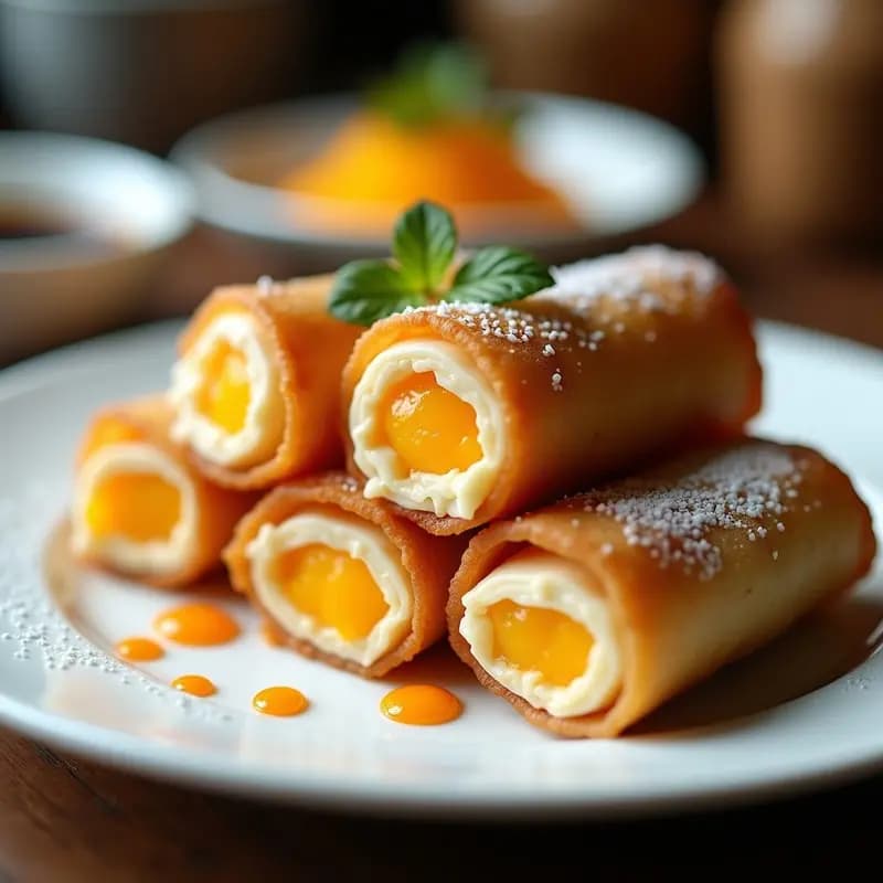Rollos de Primavera Fritos con Queso Crema y Caviar de Mango: Entrante Crujiente y Dulce-Salado