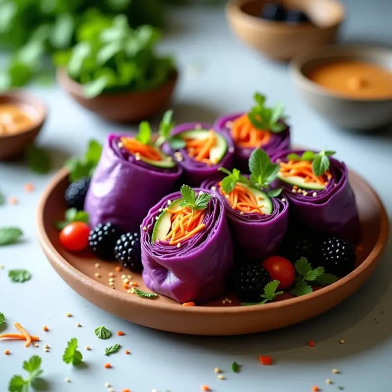 Rollos de Primavera de Repollo Morado y Zarzamora: Aperitivo Tailandés Crudivegano