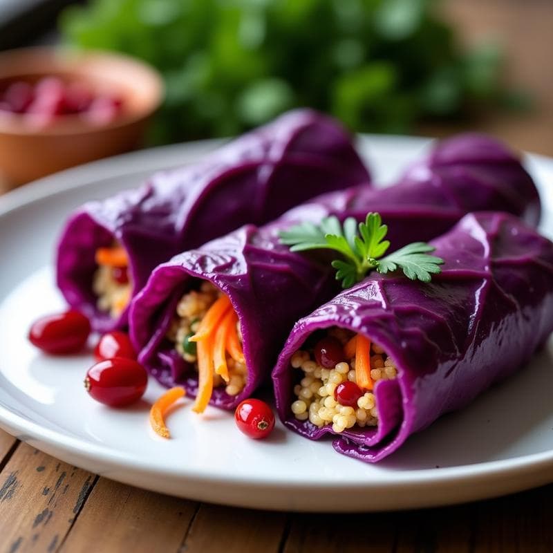 Rollos de Repollo Morado con Quinoa y Arándanos Rojos: Entrante Eslavo Crudivegano