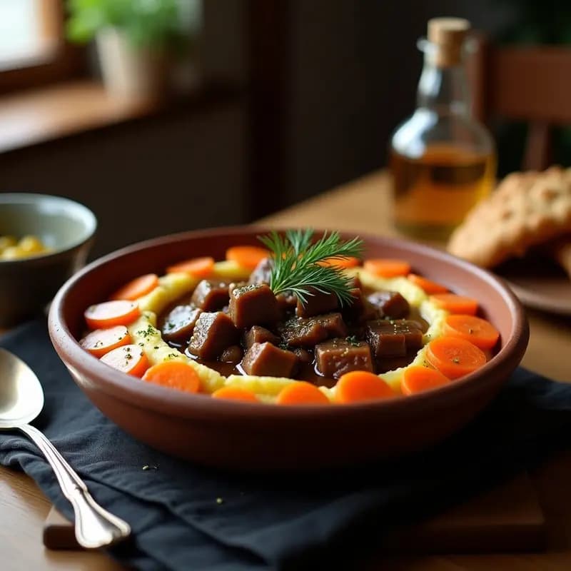Rostov de Ternera con Puré de Patatas y Zanahorias Glaseadas: Receta Rusa en Olla Lenta