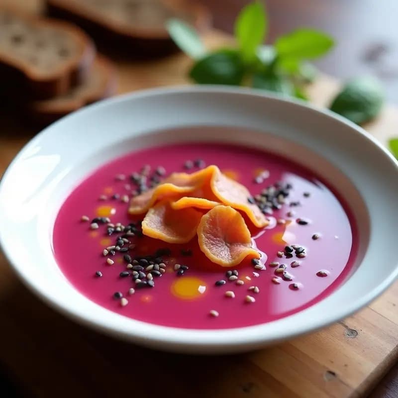 Salmorejo de Remolacha y Manzana con Crujiente de Jamón: Gazpacho Innovador y Fresco