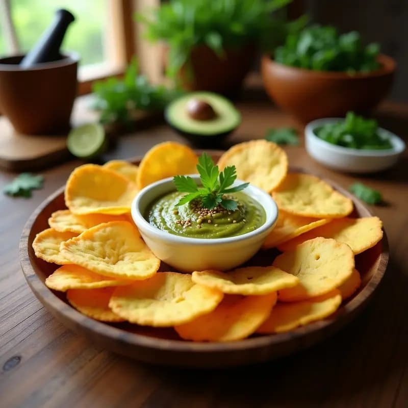 Salsas de Aguacate y Cilantro con Chips de Cassava: Aperitivo Colombiano Sin Gluten y Vegano