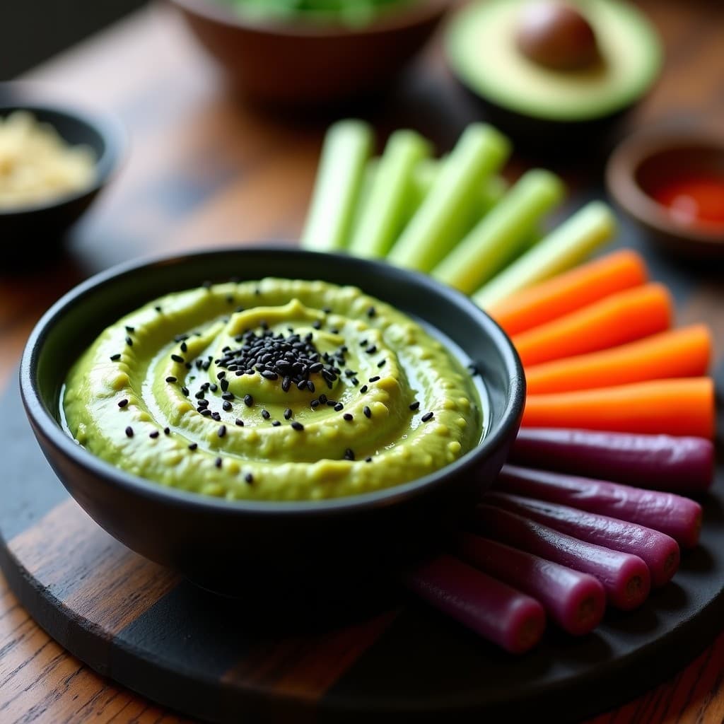 Salsa de Aguacate y Wasabi con Crudités de Apio y Zanahoria: Aperitivo Japonés Vegano