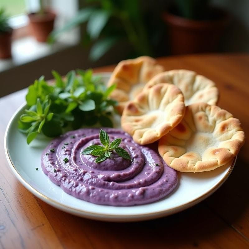 Salsa de espliego y Aceitunas Negras con Pan de Pita Integral: Aperitivo Mediterráneo Vegano