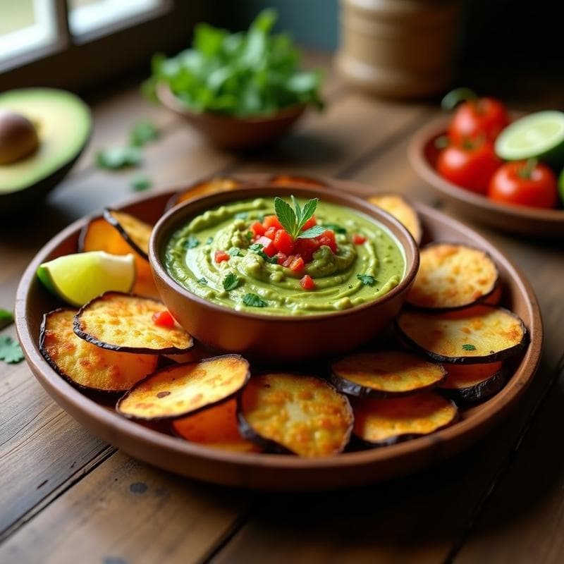 Salsa de Guacamole con Chips de Berenjena al Horno: Aperitivo Mexicano Sin Gluten