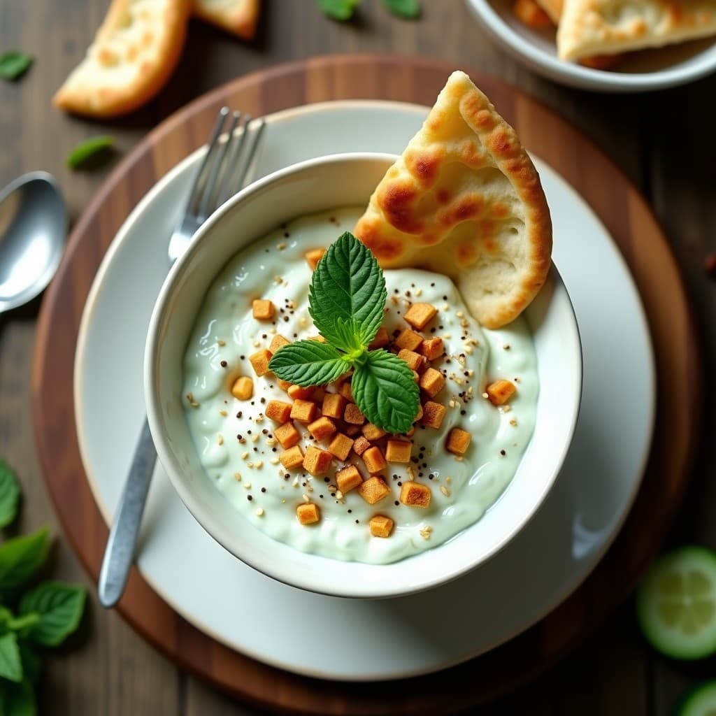 Salsa de Yogur Griego y Menta con Crujiente de Pisto: Entrante Libanés en 10 Minutos