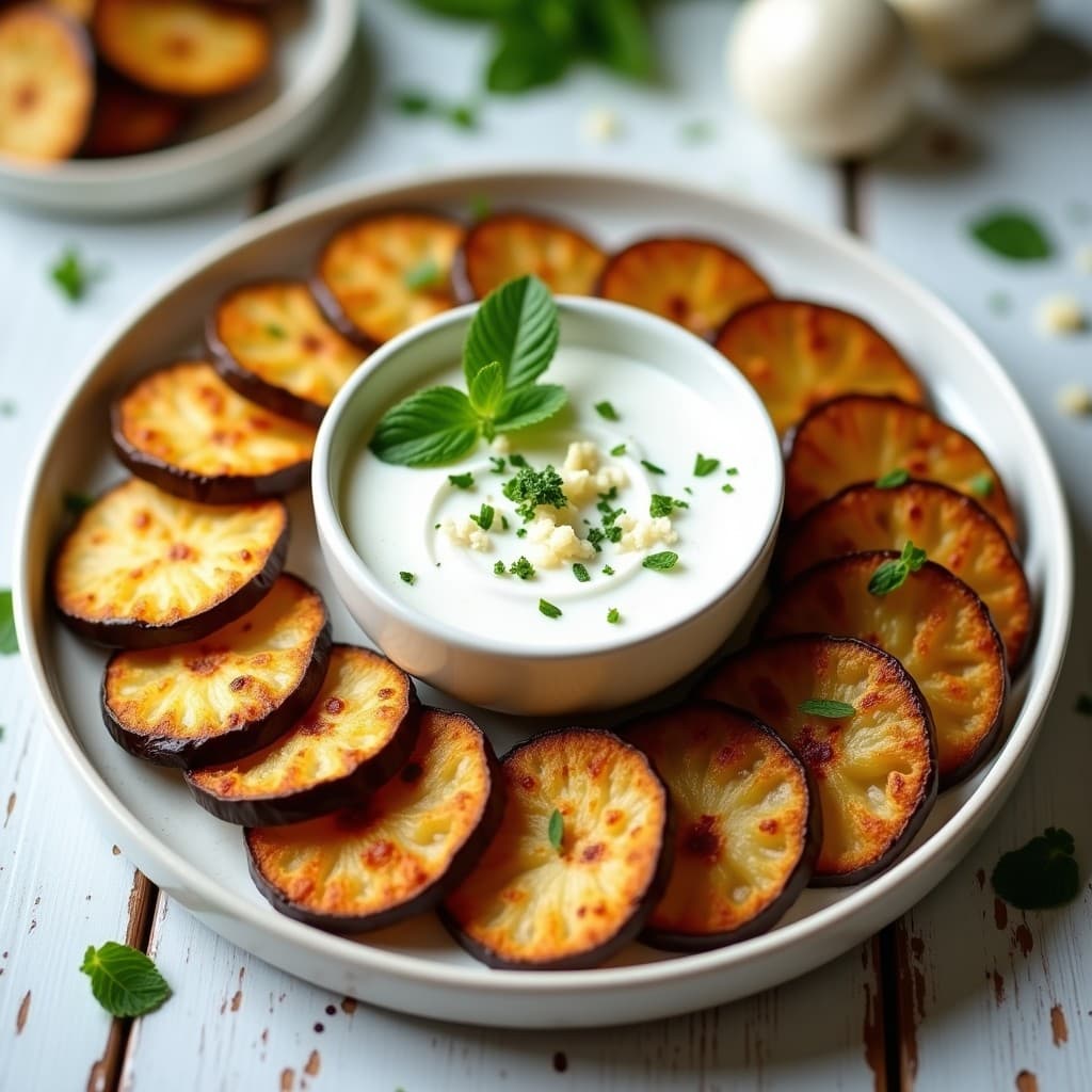 Salsa de Yogur, Menta y Ajo con Chip de Berenjena: Aperitivo Turco Vegano en Airfryer