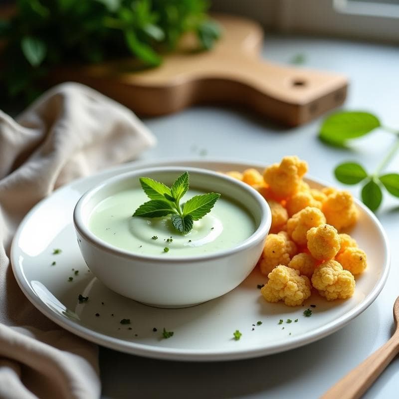 Salsa de Yogur de Soja y Menta con Crujientes de Coliflor: Dip Vegano para Tupper