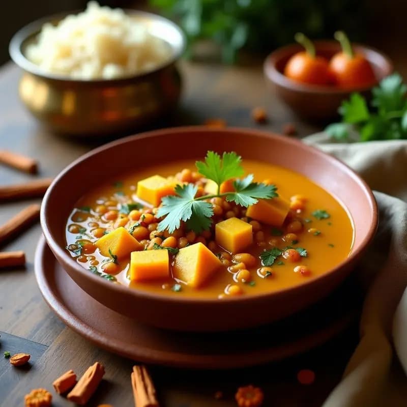 Sambar de Lentejas Rojas con Calabaza y Hoja de Cúrcuma: Receta India en Olla a Presión