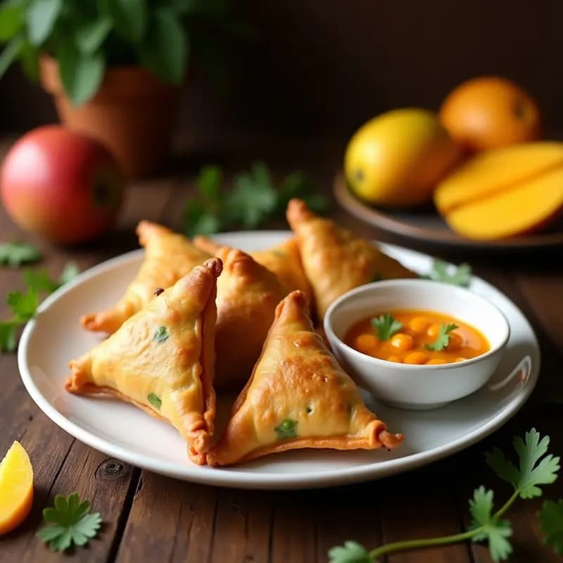 Samoosas Sudafricanas de Batata y Guisantes con Chutney de Mango: Aperitivo Vegano y Crujiente