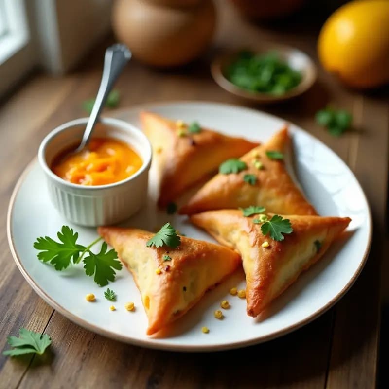 Samosa de Batata y Guisantes con Chutney de Mango: Empanadillas Indias Veganas