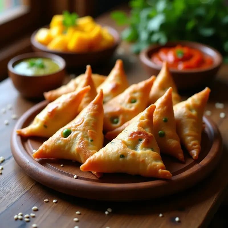 Samosa de Batata y Guisantes: Aperitivo Indio al Horno con Salsa de Mango y Chile