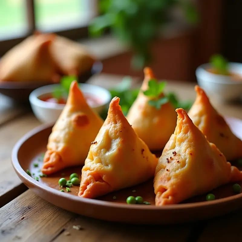 Samosa India de Batata y Guisantes: Empanadillas Crujientes con Salsa de Tamarindo