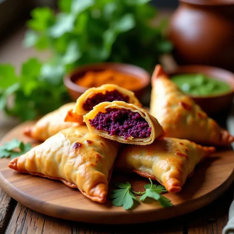 Samosa de Batata Morada y Guisantes con Masa de Almendra: Aperitivo Indio Keto y Colorido