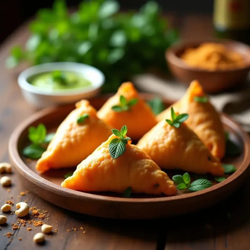 Samosa de Camote y Guisantes: Aperitivo Indio Vegano con Salsa de Mentas