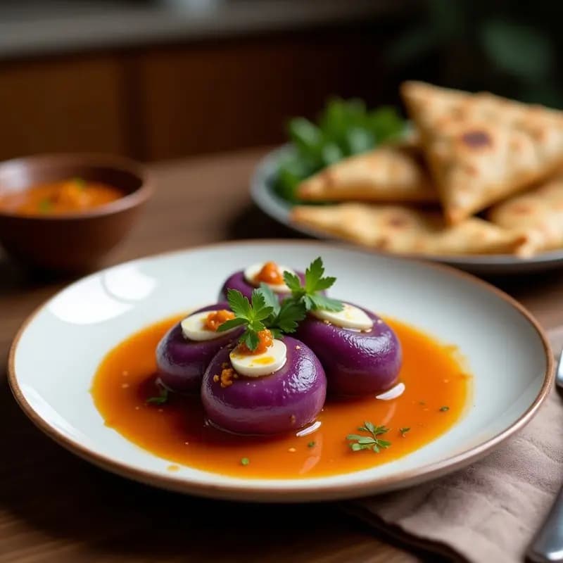 Samosa de Camote Morado y Coco con Chutney de Tamarindo: Aperitivo Indio Innovador