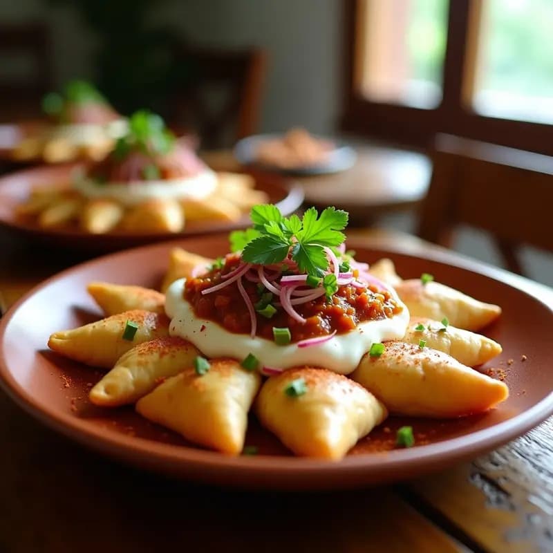 Samosa Chaat con Chutney de Tamarindo y Yogur: Aperitivo Indio Crujiente y Picante