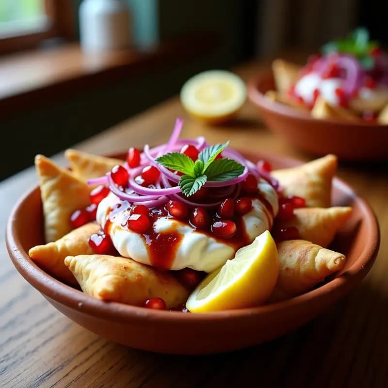 Samosa Chaat Indiana: Crujientes Samosas con Yogur, Chutney y Cebolla Morada