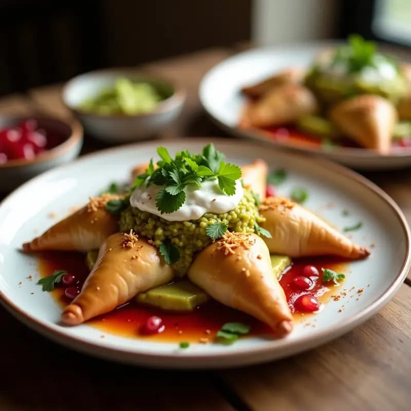 Samosa Chaat Indiana con Yogur, Chutney y Granadina: Entrante Picante y Refrescante