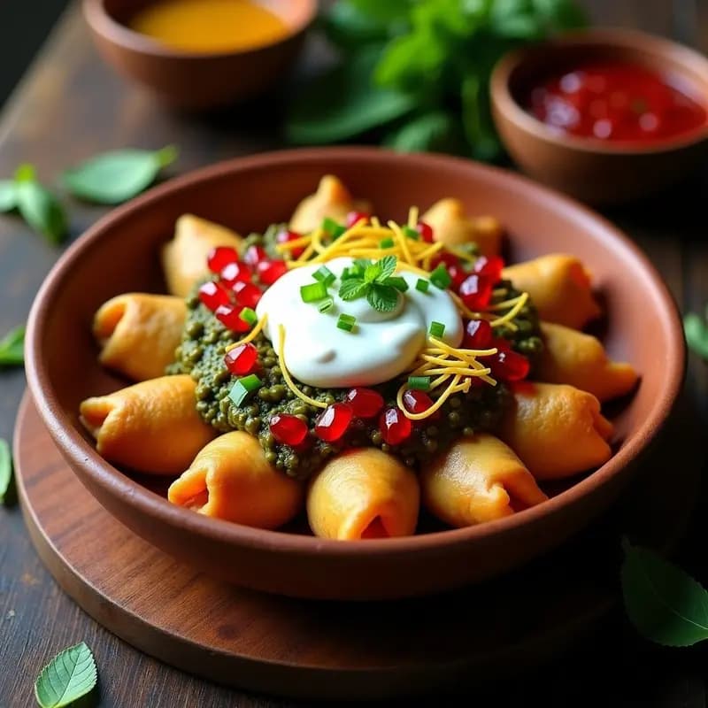 Samosa Chat con Chutneys de Tamarindo y Mentha: Receta India de Calle Crujiente