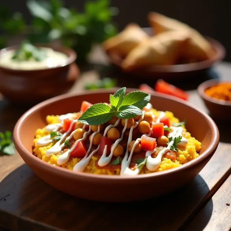 Samosa Chat con Garbanzos Crujientes y Chutney de Tamarindo: Entrante Indio Callejero y Vegano