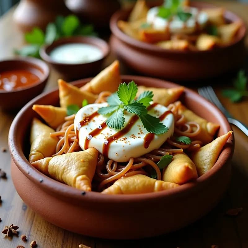 Samosa Chat de Patata y Guisantes: Receta India de Calle con Chutneys y Yogur