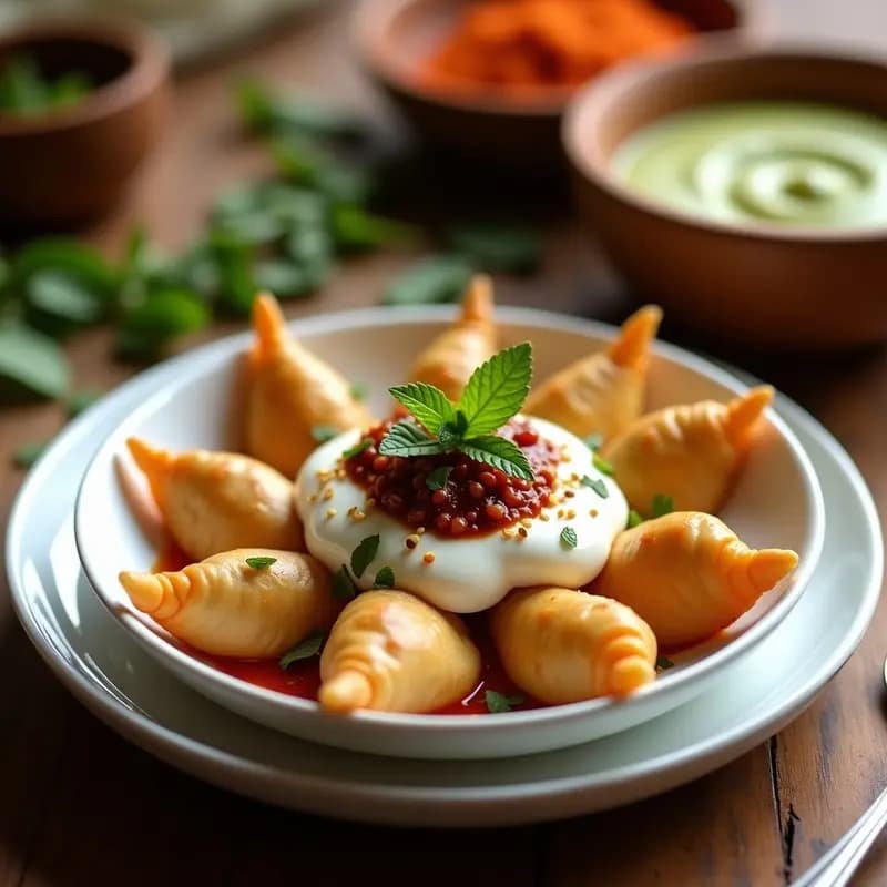 Samosa Chat Indio con Yogur y Chutneys: Aperitivo Callejero Crujiente y Especiado