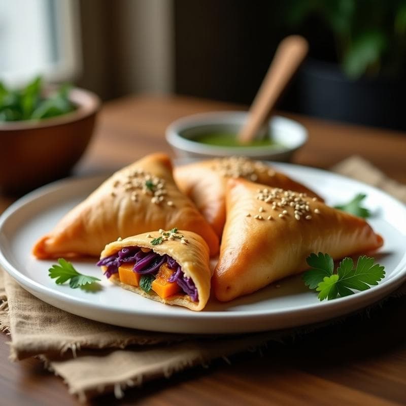 Samosa de Col Morada y Patata Dulce: Receta India Vegana en Olla Express con Masa de Garbanzo