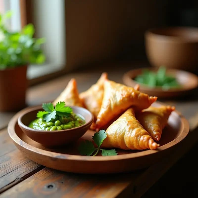 Samosa Indiana de Patata y Guisantes con Salsa de Mint Chutney: Aperitivo Vegano en Airfryer