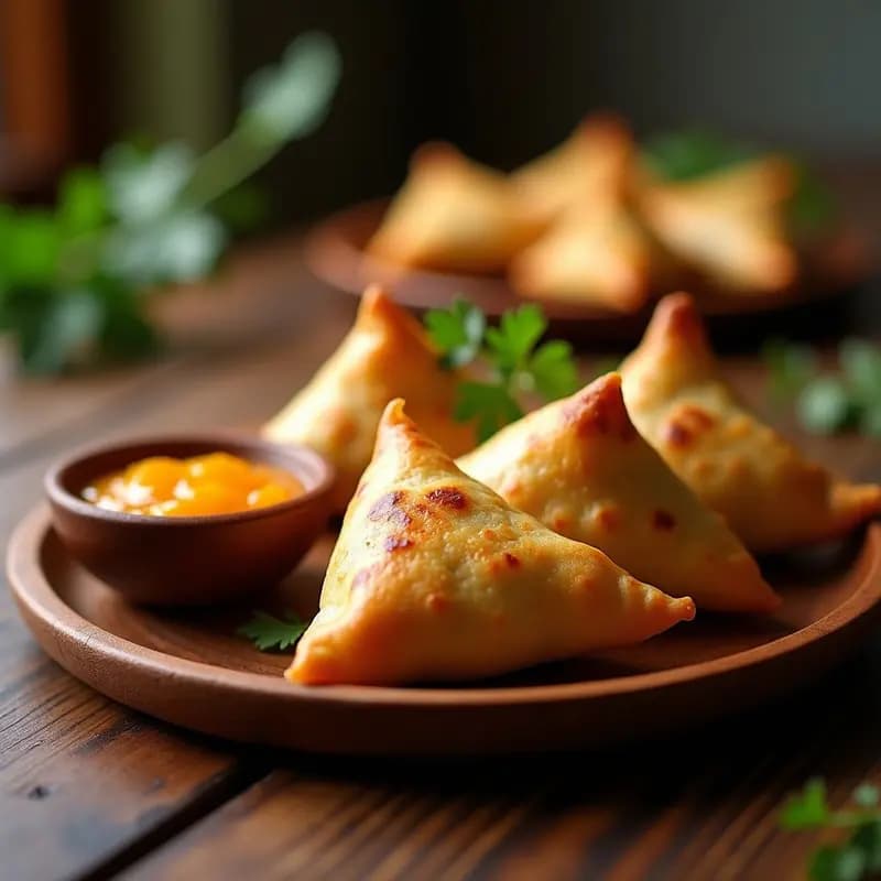 Samosa de Patata y Guisantes con Chutney de Mango: Aperitivo Indio Crujiente