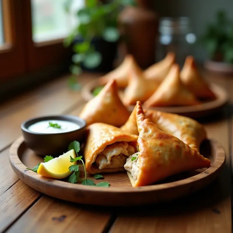 Samosa de Pollo Tikka y Yogur: Aperitivo Indio Crujiente con Toque Ahumado