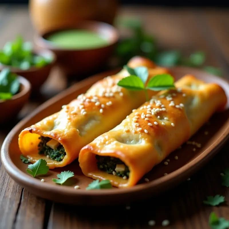 Samosa de Flautas de Spring Roll con Relleno de Espinacas y Queso Paneer: Fusión Indo-China