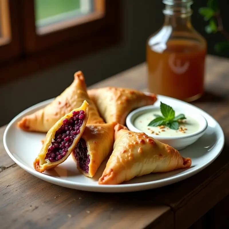 Samosas de Batata Morada y Guisantes: Receta Pakistana al Horno con Salsa de Mint-Coriandro