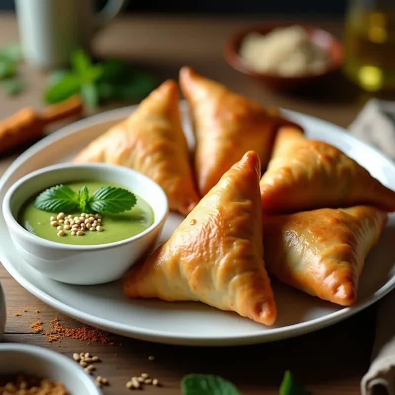 Samosas de Patata y Guisantes con Chutney de Mentas: Receta India Vegana en Freidora