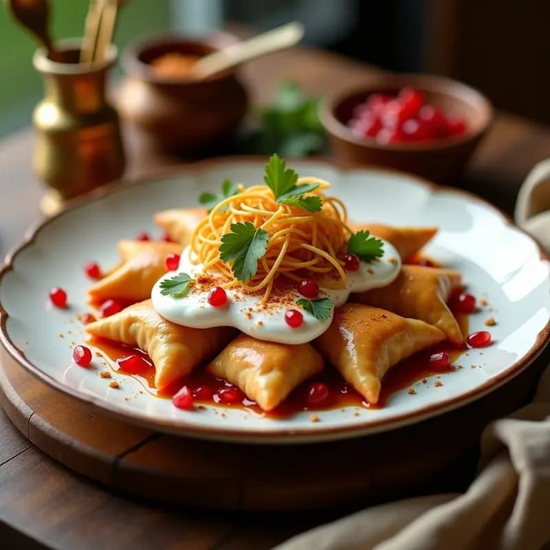 Samossa Chaat: Entrante Indio con Yogur, Chutney y Especias para Fiesta