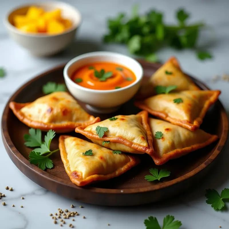 Samossas de Espinaca y Queso Paneer: Empanadillas Indianas Crujientes con Chutney de Mango