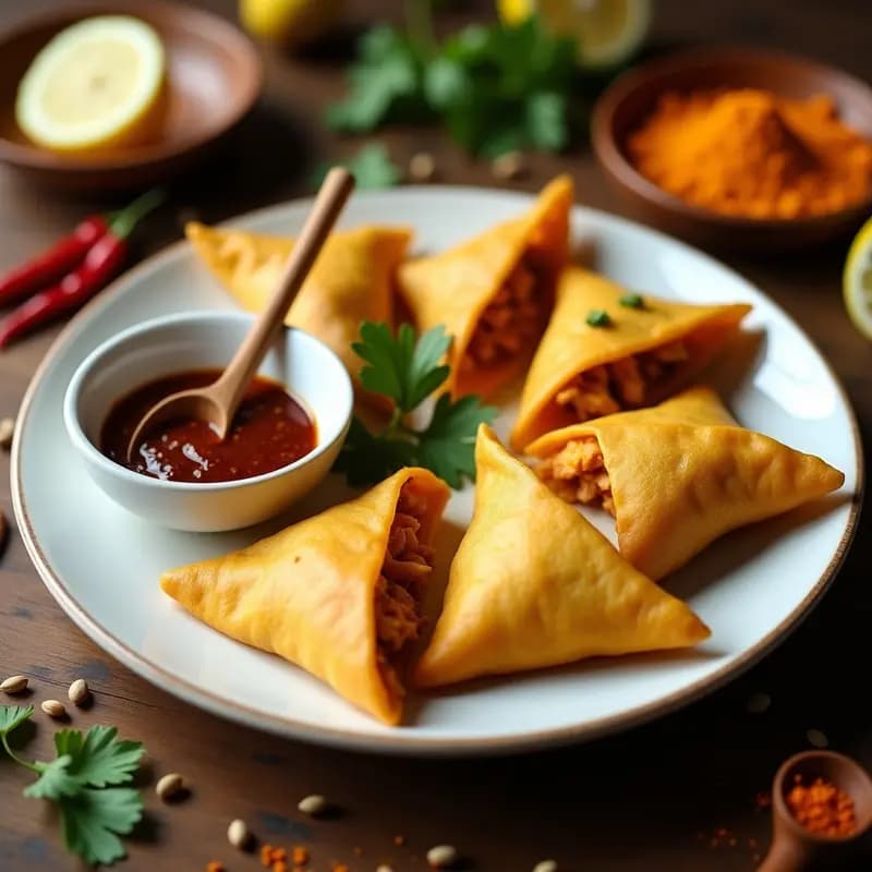 Samusas de Pollo y Cúrcuma con Chutney de Tamarindo: Aperitivo Indio Picante