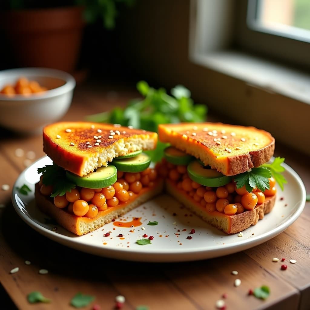 Sándwich de Pan de Batata y Aguacate con Relleno de Garbanzos Picantes: Receta Vegana en Airfryer
