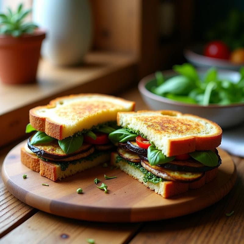 Sándwich de Berenjena Asada y Pesto de Albahaca: Receta Italiana Sin Gluten en Pan de Almendra