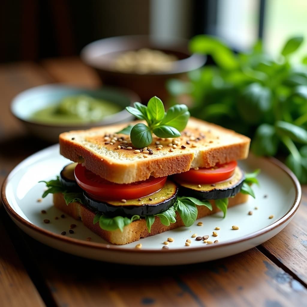 Sándwich de Berenjena Asada y Pesto de Arugula: Receta Vegana para Llevar