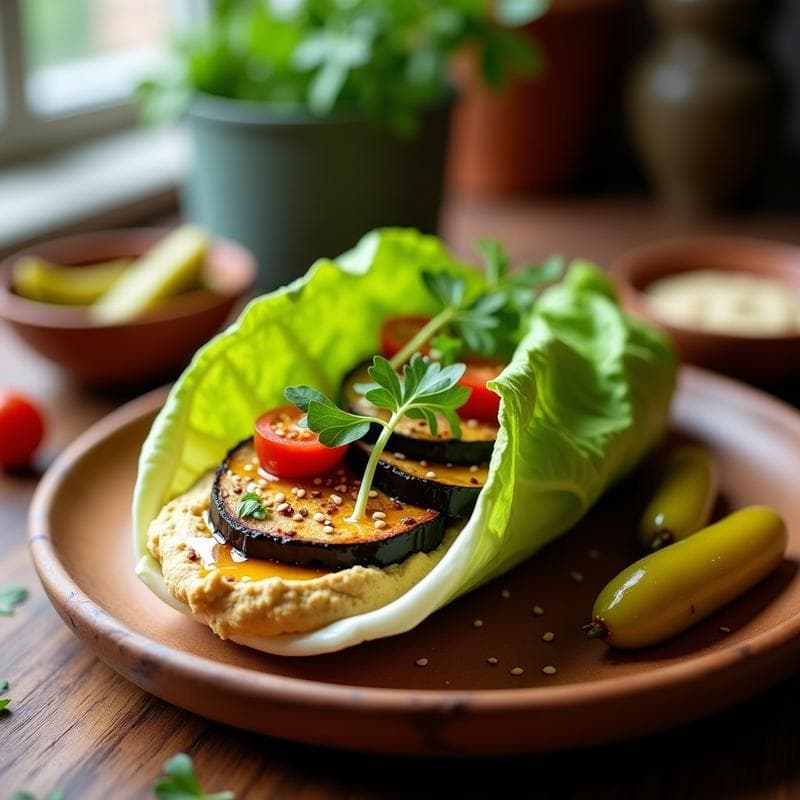Sándwich de Berenjena Asada con Hummus y Rúcula: Receta Árabe Vegana y Sin Pan