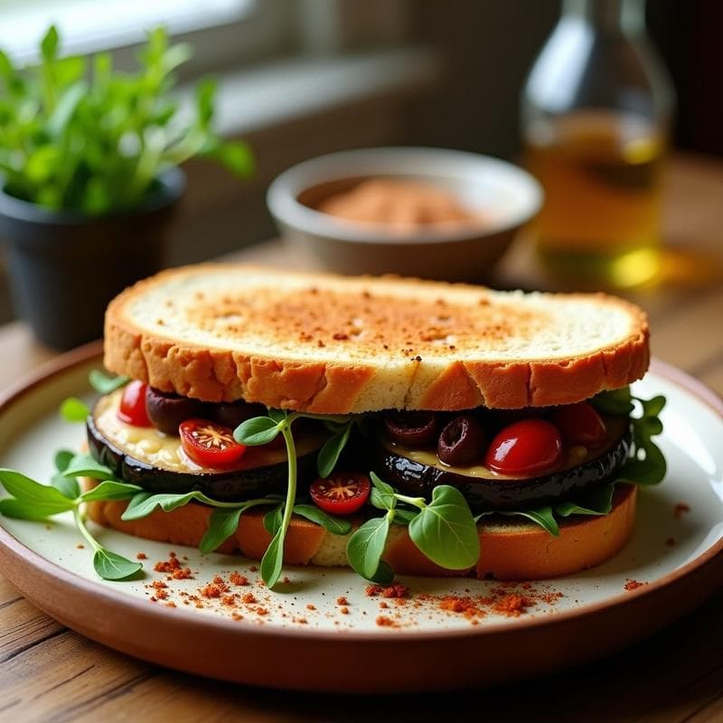 Sándwich de Berenjena Asada y Pate de Aceitunas Kalamata: Receta Griega Vegana en Airfryer