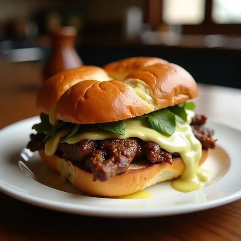 Sándwich de Carne Asada, Queso Provolone y Chimichurri en Pan de Brioche: El Rey de los Bocadillos