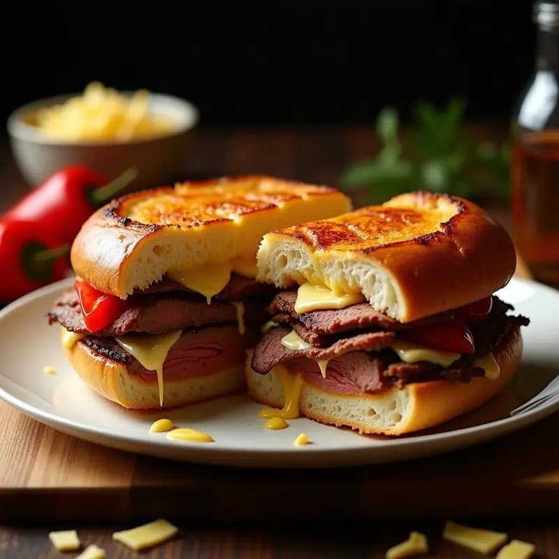 Sandwich de carne asada con queso provolone y pimientos asados: Bocado gigante para amantes de la carne