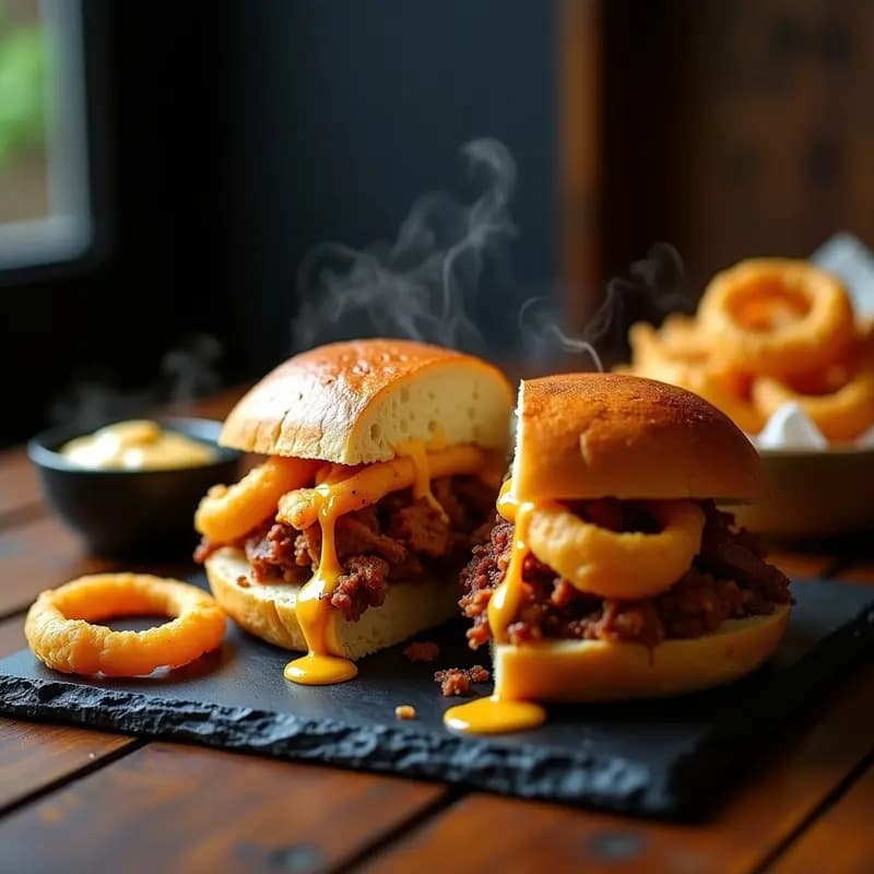 Sándwich de carnitas desmenuzadas con queso cheddar, anillos de cebolla y salsa chipotle: Receta para devorar