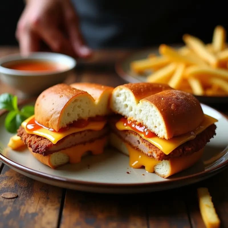 Sándwich de Chuleta de Cerdo Empanizada con Queso Provolone y Patatas Fritas Dentro: Monster Bite