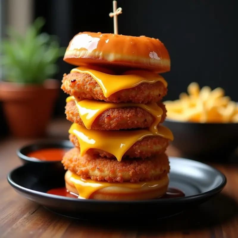 Sándwich de Chuleta de Cerdo, Queso Cheddar y Donuts Glaseados: El bocado que te lleva al Cielo